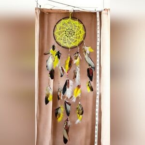 New Handmade Beaded Yellow Dreamcatcher With Authentic Rooster Feathers [a1]